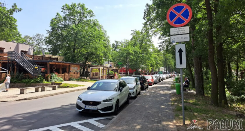 Przy każdym znaku informującym o zakazie postoju i zatrzymywania przy ul. Świerkowej zamontowane są dodatkowe tabliczki z informacją, iż zakaz obowiązuje od 1 czerwca do 31 sierpnia oraz możliwości parkowania dostawców przez 15 minut. Zdjęcie przedstawia sytuację z piątku 21 listopada, gdy Zarząd Dróg Powiatowych montował znaki drogowe przy ul. Świerkowej.  fot. Magdalena Lachowicz