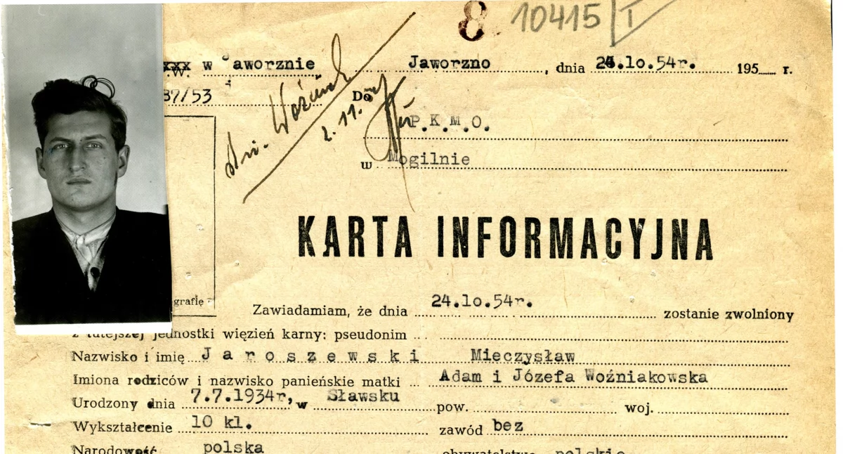 Karta informacyjna świadcząca o odbywaniu kary przez Mieczysława Jaroszewskiego w Progresywnym Więzieniu dla Młodocianych w Jaworznie fot. archiwum Pałuk