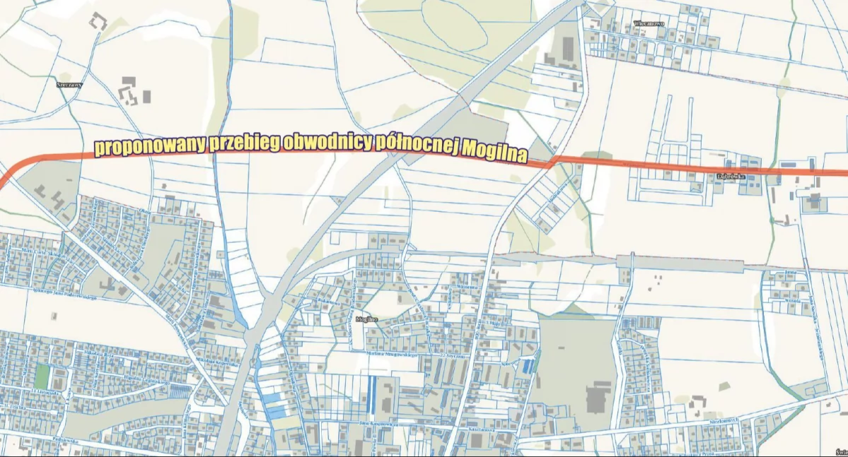 Proponowany przebieg obwodnicy północnej Mogilna, koncepcja z 2021 roku