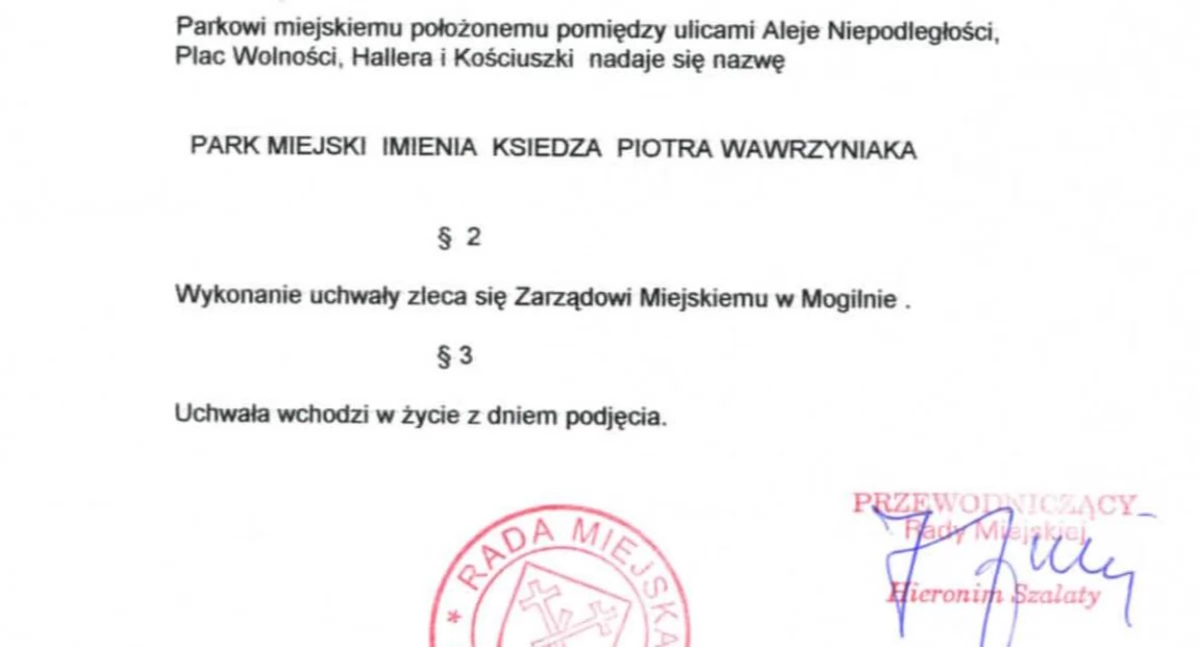 Fragment uchwały Rady Miejskiej w Mogilnie z 28 sierpnia 2002 roku