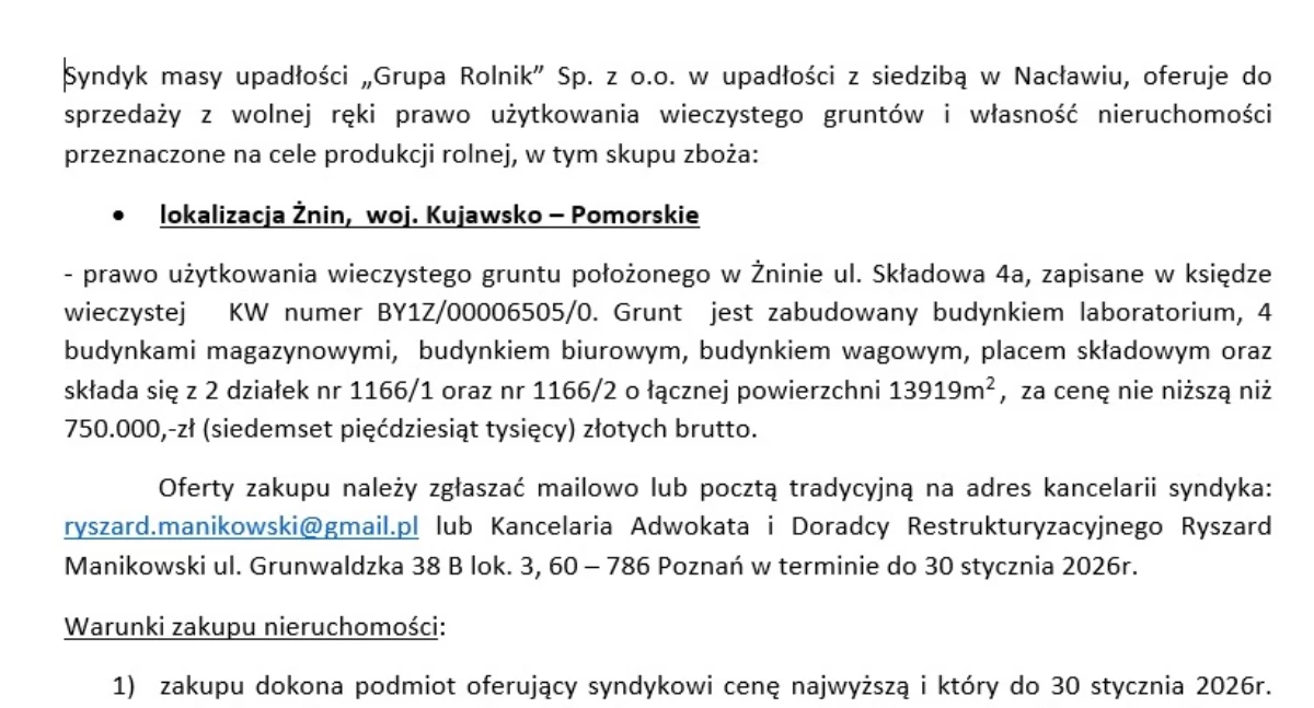 OGŁOSZENIA URZĘDÓW, Syndyk upadłości „Grupa Rolnik” upadłości siedzibą Nacławiu oferuje sprzedaży - zdjęcie, fotografia