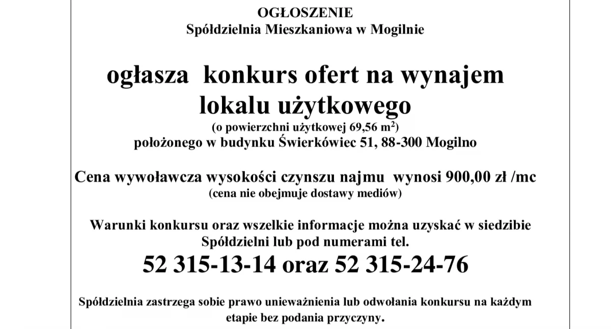 OGŁOSZENIA URZĘDÓW, Ogłoszenie Spółdzielni Mieszkaniowej Mogilnie - zdjęcie, fotografia
