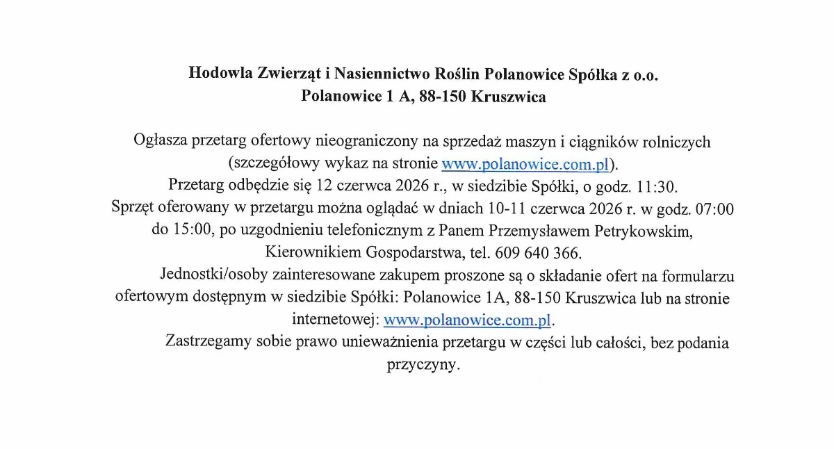 OGŁOSZENIA URZĘDÓW, Ogłoszenie Hodowli Zwierząt Nasiennictwa Roślin Polanowice Spółka - zdjęcie, fotografia
