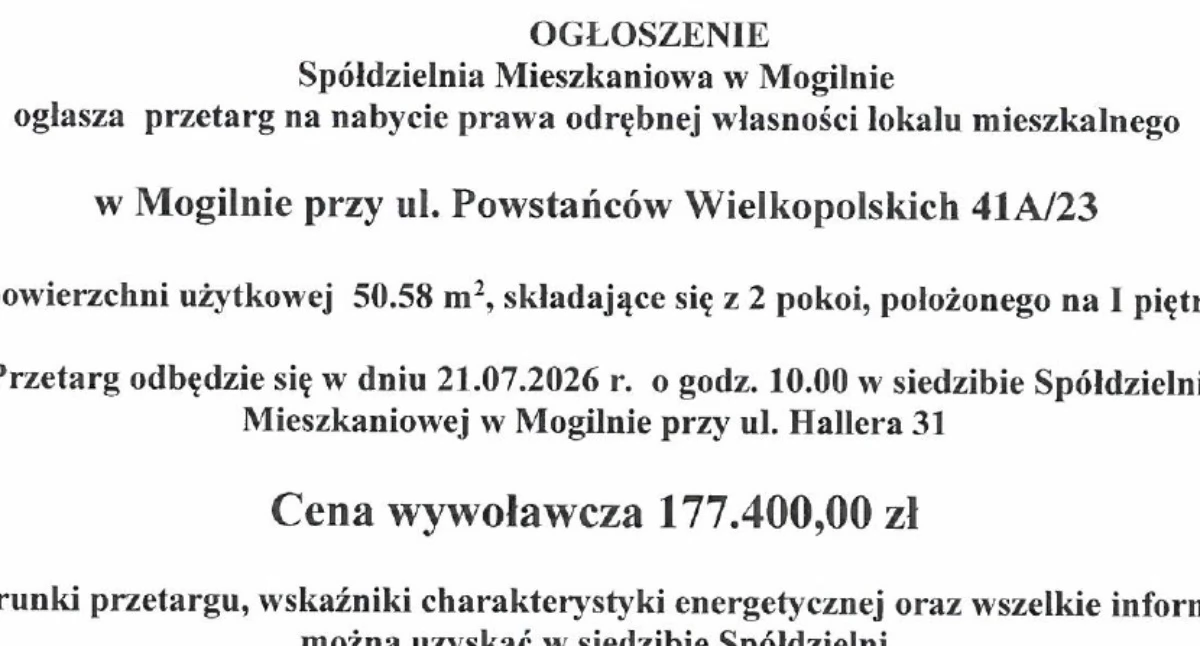 OGŁOSZENIA URZĘDÓW, Ogłoszenie Spółdzielni Mieszkaniowej Mogilnie - zdjęcie, fotografia