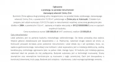 Ogłoszenie o przetargu na sprzedaż nieruchomości stanowiącej własność Gminy Żnin