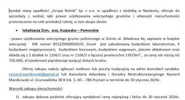Syndyk masy upadłości „Grupa Rolnik” Sp. z o.o. w upadłości z siedzibą w Nacławiu, oferuje do sprzedaży