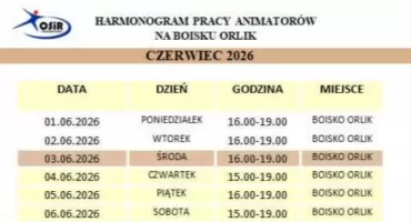 Harmonogram pracy animatorów na boisku Orlik w Trzemesznie na czerwiec 2026 roku
